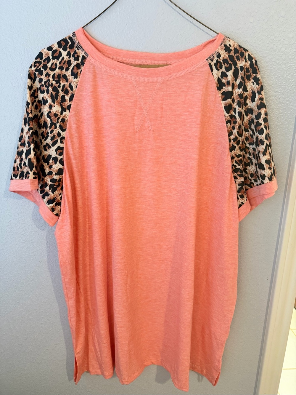 Women's Coral Raglan Top with Leopard Print Sleeves-Cotton